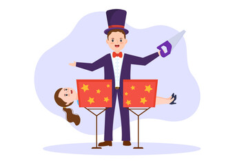 Magician Illusionist Conjuring Tricks and Waving a Magic Wand above his Mysterious Hat on a Stage in Template Hand Drawn Cartoon Flat Illustration