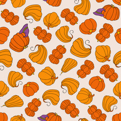 Autumn seamless pattern, square background, hand drawn pumpkins