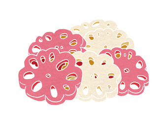 紅白色な花型の酢レンコンのイラスト（版画風）