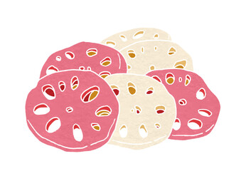 紅白色の酢レンコンのイラスト（版画風）
