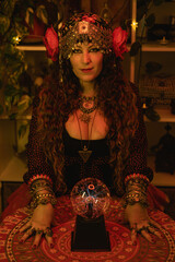gypsy pythoness with a crystal ball with rays on top of the table