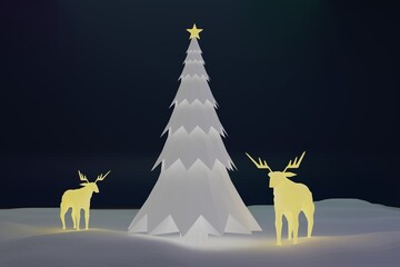 christmas tree and deer on the night 3D Rendering 