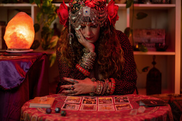 gypsy fortune teller reading the future in tarot cards