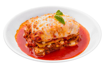 italian lasagna with tomato sauce isolated on white background