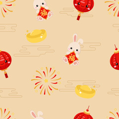 Cute  rabbit Chinese new year theme seamless pattern. Cartoon vector background