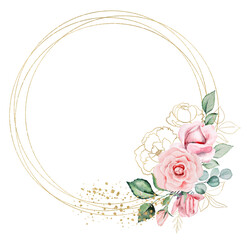 Round golden Frame frame made of pink watercolor flowers and green leaves, wedding design