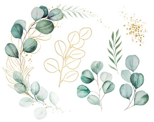 Bouquet made of green and golden watercolor eucalyptus leaves, wedding illustration - obrazy, fototapety, plakaty