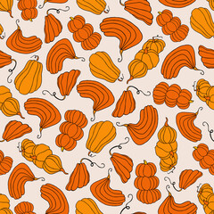 Autumn seamless pattern, square background, hand drawn pumpkins