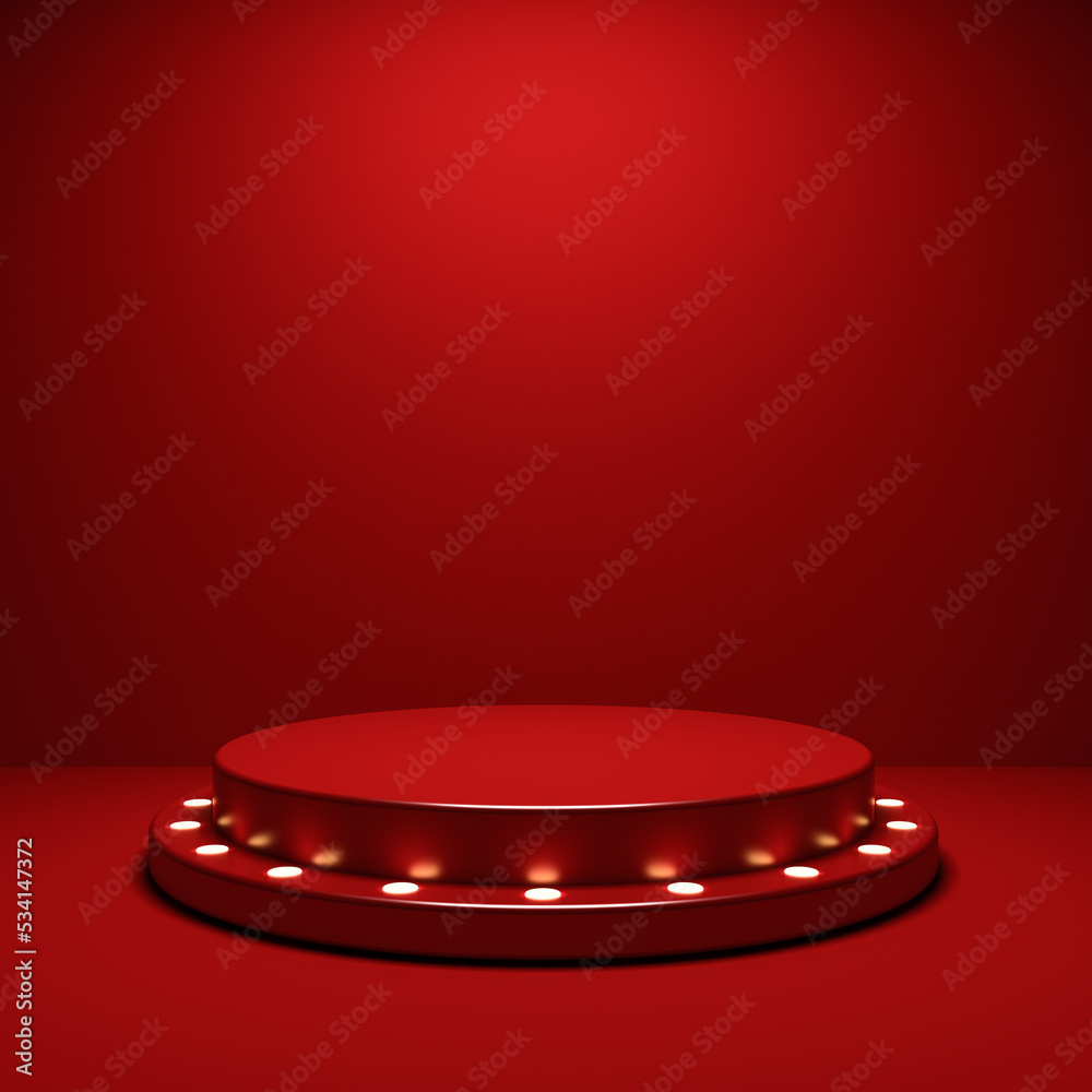 Leinwandbilder blank red stage podium pedestal with retro yellow neon spotlight bulbs or blank product display stan