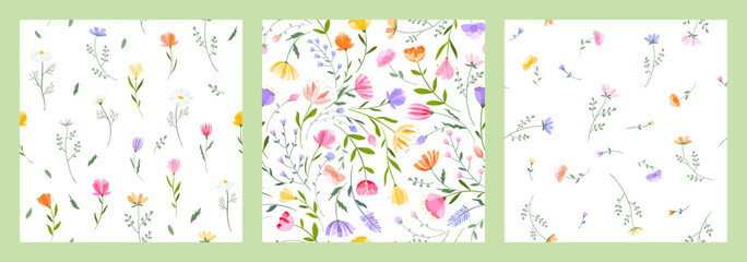 Vector floral seamless pattern. Set of leaves, wildflowers, twigs, floral arrangements. Beautiful compositions of field grass and bright spring flowers on white background.