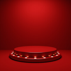 Blank red stage podium pedestal with retro yellow neon spotlight bulbs or blank product display stand platform isolated on red background with shadow minimal conceptual 3D rendering