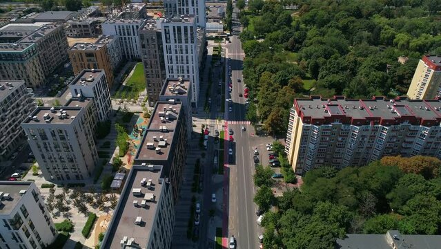 Drone aerial view modern building Residential complex Faina Town. Construction of residential premises. Kyiv capital of Ukraine