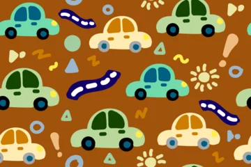 Deurstickers Autorace Toy simple cars, children drawing of a auto, a seamless pattern of automobile and road signs