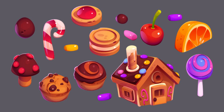 Gingerbread house, chocolate cakes, lollipop, candy cane, bonbons and cookies. Sweet food, Christmas dessert icons of caramel, cupcakes, fruit jelly, vector cartoon set