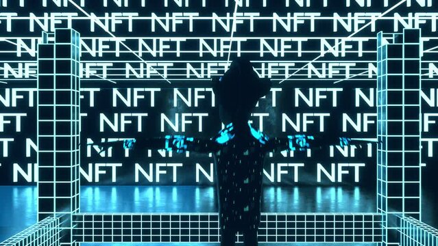 Monkey NFT crypto art on digital background. Modern ape 3D render animation network blockchain token future investment non fungible token crypto art, crypto currency design