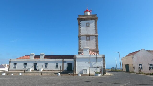 Exterior of Cabo Carvoeiro lighthouse under the blue sky in Peniche, Portugal