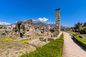 Fototapeta na wymiar Aosta, Italy. View of the archaeological area of the ruins of the ancient Roman Theater. April 17, 2022.