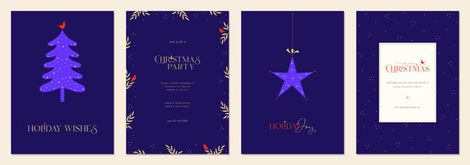 Obraz na płótnie Canvas Corporate Holiday cards with Christmas tree and Christmas ornament, birds, floral modern frame, backgrounds and copy space. Universal artistic templates. Vector illustration.