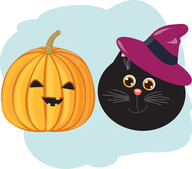 Vector drawing pumpkin and black cat. Halloween. Pumpkin black cat in purple witches hat. Vector illustration with animal.