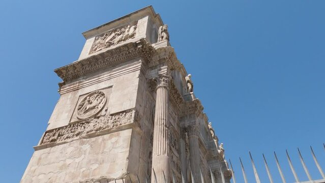 Look up of Triumphal Arch of Constantine In Rome, Italy. Beautiful carved details 