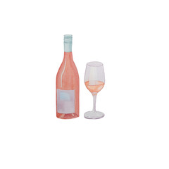 Watercolor illustration of rose wine in bottle and wineglass.