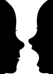 Two silhouette faces and head icons illusions. opposite silhouettes of children profiles, smiling and screaming shadow form. on black and white background