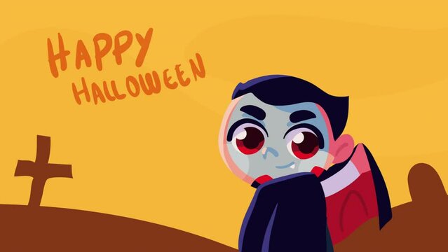 happy halloween lettering with dracula boy