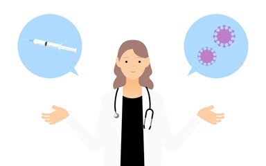 白衣の女性医師が説明する・ワクチン推奨のポーズ
