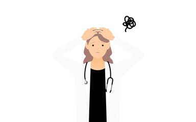 白衣の女性医師が頭を抱える・困るポーズ