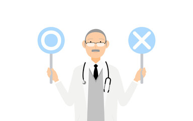 白衣のシニア男性医師がマルバツ棒を持つ・答え合わせのポーズ