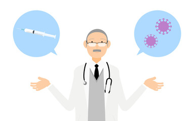 白衣のシニア男性医師が説明する・ワクチン推奨のポーズ