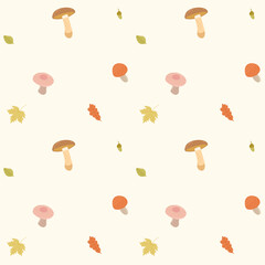 autumn pattern. Mushrooms, leaves, acorns on a pattern for textiles, napkins, fabrics, prints, wrapping paper, wallpapers.