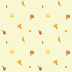 autumn pattern. Mushrooms, leaves, acorns on a pattern for textiles, napkins, fabrics, prints, wrapping paper, wallpapers.