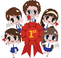 Fototapeta happy kids in uniform cloths holding certificates ribbon obraz