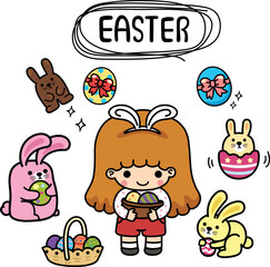 illustration isolated set cartoon easter with kid girl