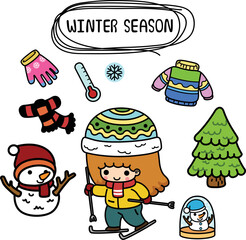 illustration isolated set cartoon winter season with kid girl