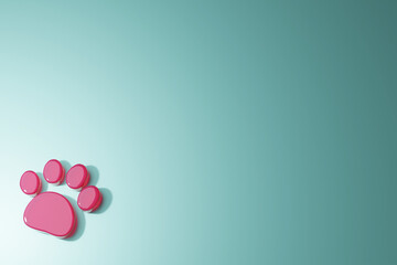 Paw 3d symbol. Pet paw 3D rendering illustration. pink Paw print icon isolated on blue background. Dog or cat paw print. Animal track. Minimalism concept. 3d illustration 3D render.