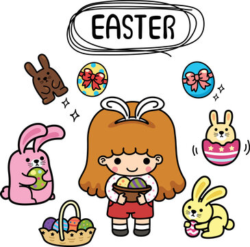 illustration isolated set cartoon easter with kid girl