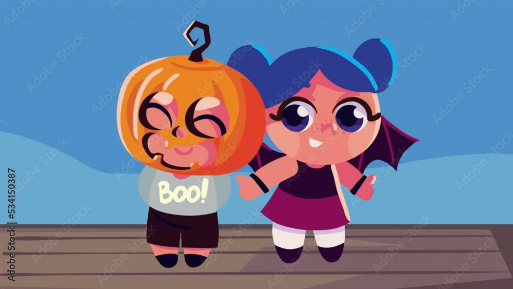 Poster halloween animation with kids couple disguised