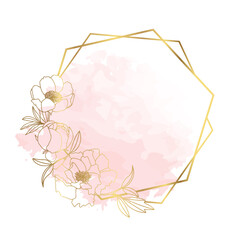 Hand drawn golden peony flower hexagon wreath in cute doodle style on pink watercolor splash texture. Luxury elegant vector illustration for wedding, birthday, quotes, thank you card, cosmetics, logo.