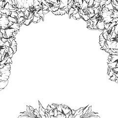 Hand drawn vector square frame wreath arrangement with peony flowers, buds and leaves. Isolated on white background. Design for invitations, wedding or greeting cards, wallpaper, print, textile