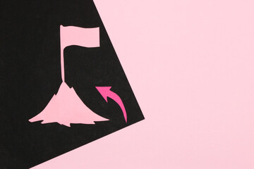 creative business concept reaching high goals, arrow reaching the top of the mountains, flat lay, pink-black background
