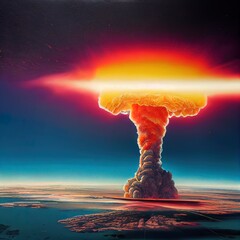  Nuclear war concept. Explosion of nuclear bomb. Creative artwork decoration in dark. Ai generated image
