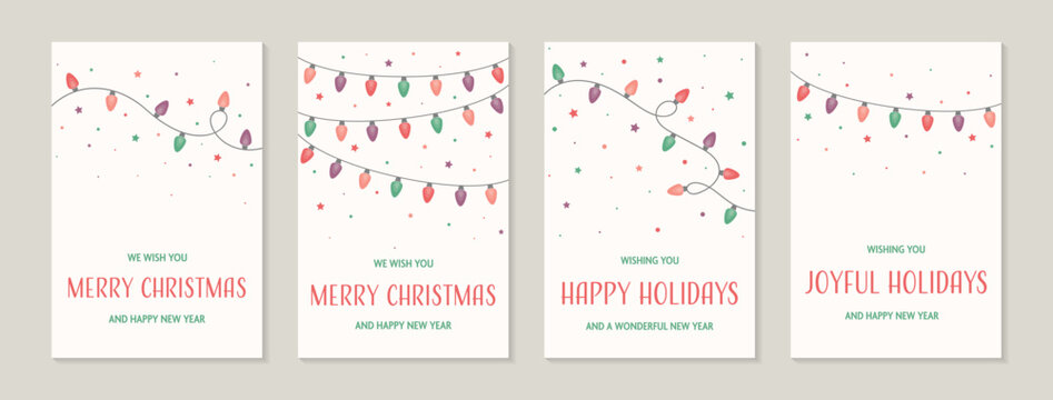Colourful hand drawn cord of lights. Christmas cards with wishes. Vector illustration