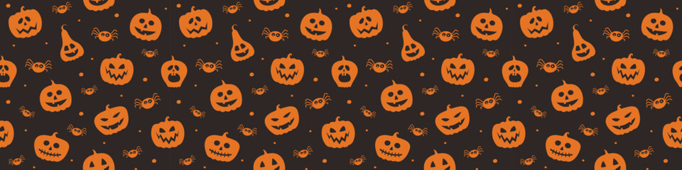 Funny Halloween banner with pumpkins and spiders. Seamless pattern. Vector