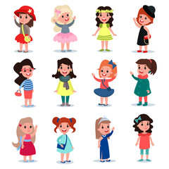 Little Girl Character Dressed in Fashion Garment and Apparel Vector Set
