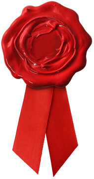 Real red wax seal with red ribbon isolated