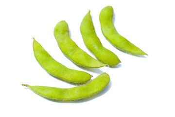 white background photo Five soybeans arranged in a row