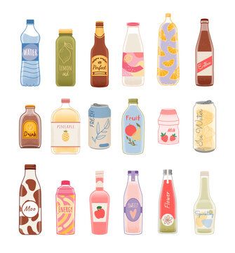 Set Of Different Cold Drinks In Glass, Plastic Bottles, Aluminum Cans With Colorful Labels And Packaging Design. Soda, Water, Juice, Lemonade, Sweet Beverages, Cocktails. Doodle Style. Vector.