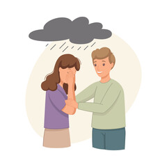 Man Help to Young Girl in Depression Crying Feeling Sad Suffering from Mental Disorder Vector Illustration